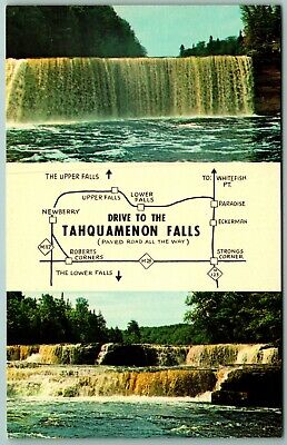 Dual  View Map Greetings Tahquamenon Falls Michigan MI UNP Chrome Postcard A11