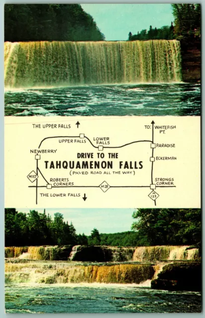 Dual  View Map Greetings Tahquamenon Falls Michigan MI UNP Chrome Postcard A11