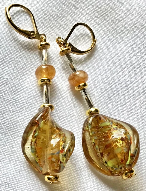 Boucles D'oreilles Perles Pâte De Verre Murano - Vert Foncé - Plaqué Or - Neuf Sans Emballage
