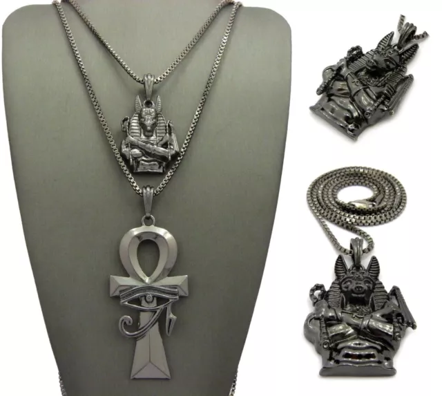 New Egyptian Anubis & Ankh Cross Pendant & Box Chains Hip Hop Necklace Set