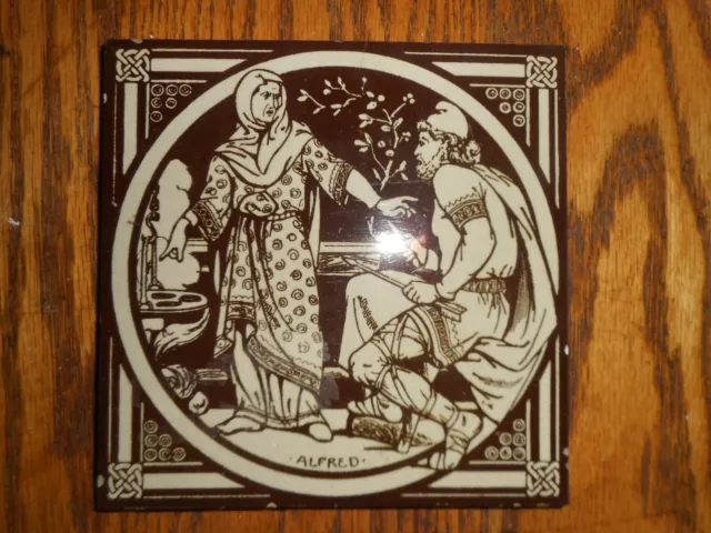 Antique 6" Brown Transferware Ceramic Tile-ALFRED-Woman & Hunter w/ Arrow