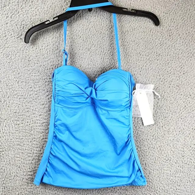 ANNE COLE Twist-Front Ruched Tankini Top Women's XS Blue Sweetheart Bandeau Neck