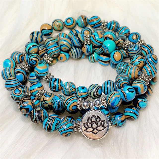 8mm Blue Malachite 108 Bead Gemstone Mala Bracelet Wrist Meditation Pray Bless