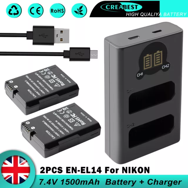 2× EN-EL14 EL14a Battery & USB Charger For Nikon D5200 D5100 D3500 D3200 P7800