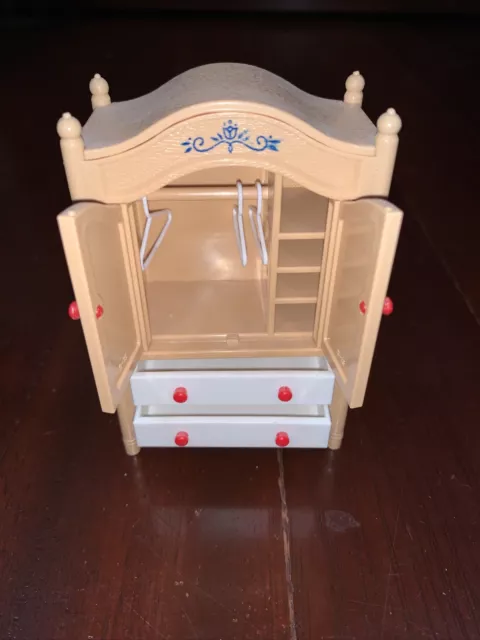Vtg TOMY ARMOIRE Wardrobe Closet w drawers & 3 hangers doll house Japan EUC