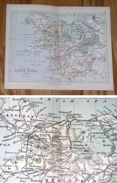 1882 Antique Map Of North Wales Montgomery Merioneth Denbigh Carnarvon Anglesey 2