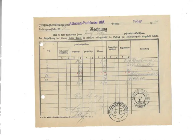 Nr 51768  Rechnung Attnang Puchheim 1928  Telefon Anlage O.Ö.
