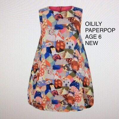 Oilily Paperpop Bubble Hem Puffball Lined Dress Animal Collage Age 6 Bnwot