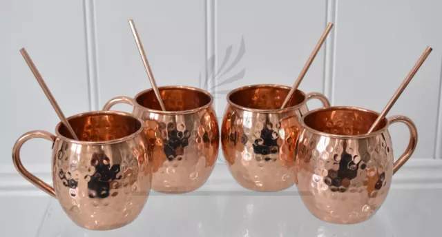 100% Pure Copper Moscow Mule Mug Hammered Round Handle Sets With Copper Straws