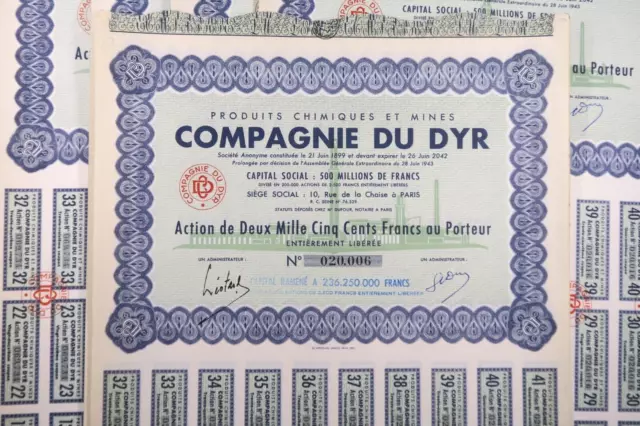 Compagnie Du Dyr Produits Chimiques Action De 2500 Francs 1943 X 68 Actions