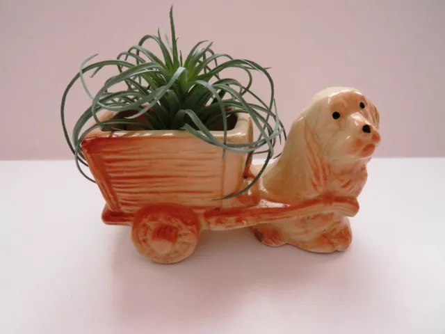 VintageCocker Spaniel Planter Dog Pulling Cart Brown Tan Pottery Dog Herb Plant