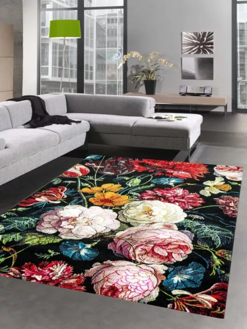 Tapis salon design tapis moderne fleurs bouquet noir rouge