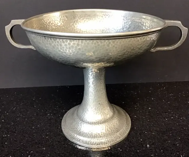 A Antique Old Walker & Hall Large Arts & Crafts Hammered Pewter Pedestal Bowl