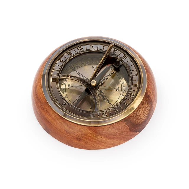 Messing-Kompass Mit Sonnenuhr – 7,6 Cm, Maritim-vintage, Voll Funktionsfähig & In Holzbox