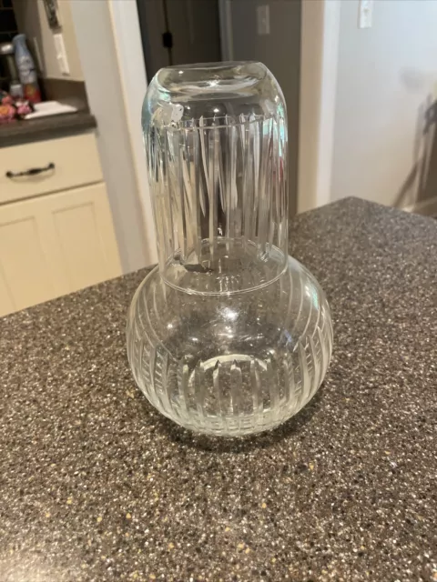 Vintage Ribbed Glass Bedside Water Carafe wMatchingCupAsLid Also Used As Barware