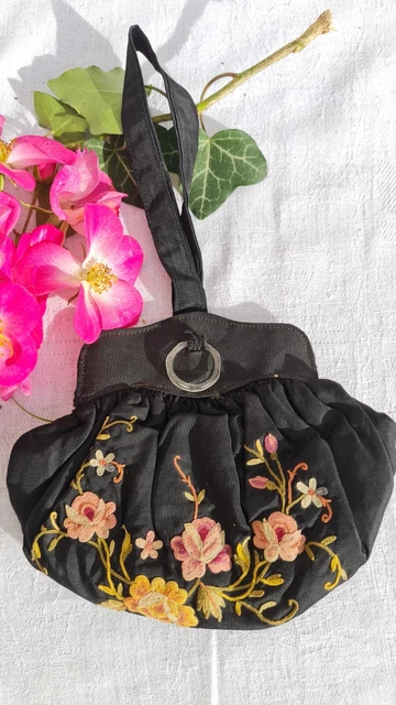 Pochette De Soirée Brodée Perles - Rose Et Noir - Fait Main - Neuf Sans Étiquettes