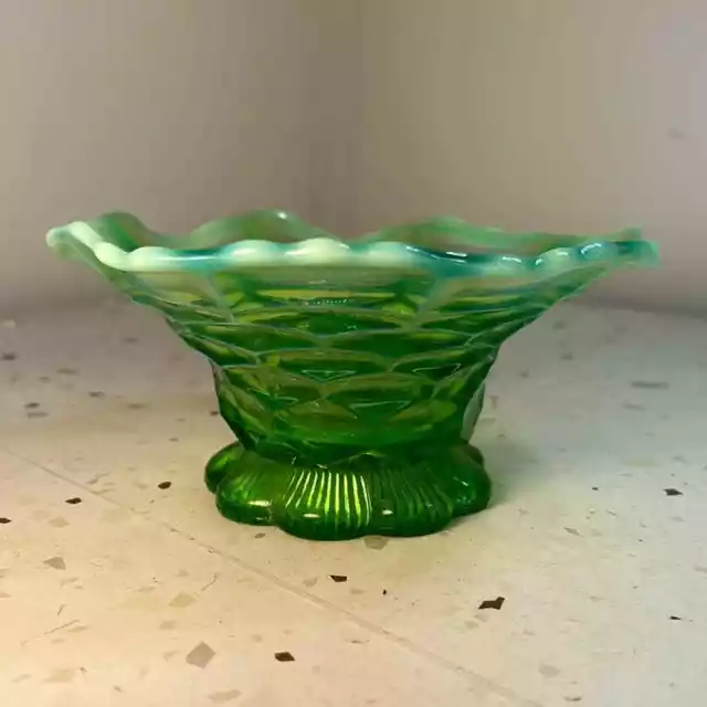 Antique Northwood Green Opalescent Ruffled Trim Bowl Dish GLOWS