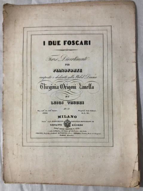 Antico spartito musicale I due Foscari di Verdi Pianoforte Luigi Truzzi