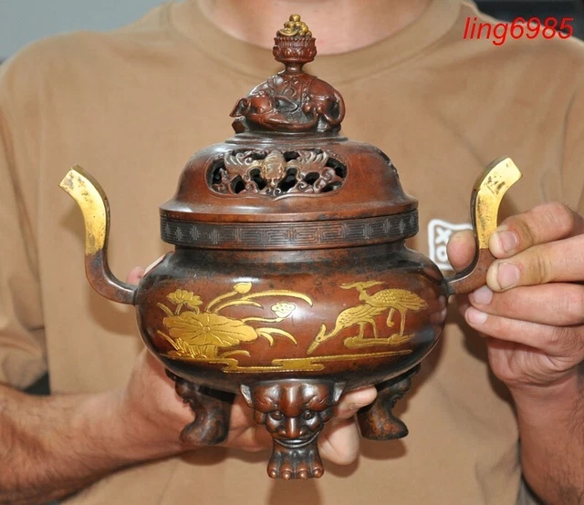 China Buddhism purple bronze Gilt Lotus flower bird statue Incense burner Censer
