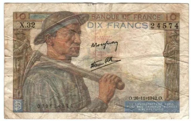 France 10 Francs 1942 WWII Era P-99