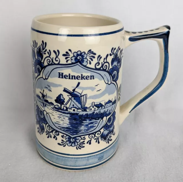 Delft Blue Mug Vintage Heineken Holland Porcelain Beer Stein Windmill Dutch 16oz