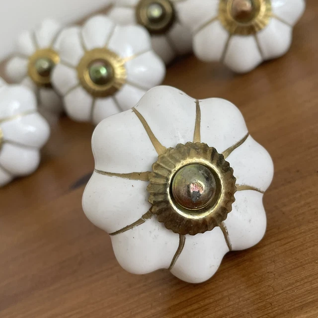 8 x White Ceramic & Brass Cupboard Door Knobs Cabinet Drawer Pulls Handles NEW