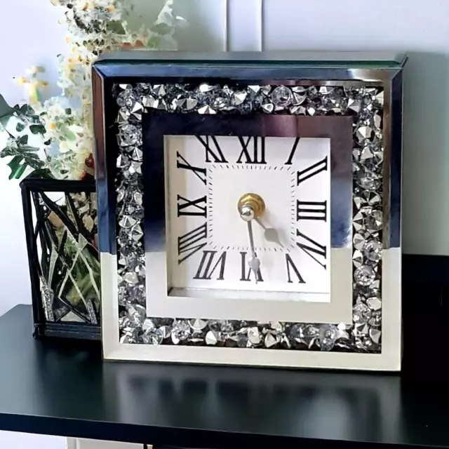 SERENA'S Square Crushed Diamante Mantle Clock Glass Mirrored Desk Table Clock El