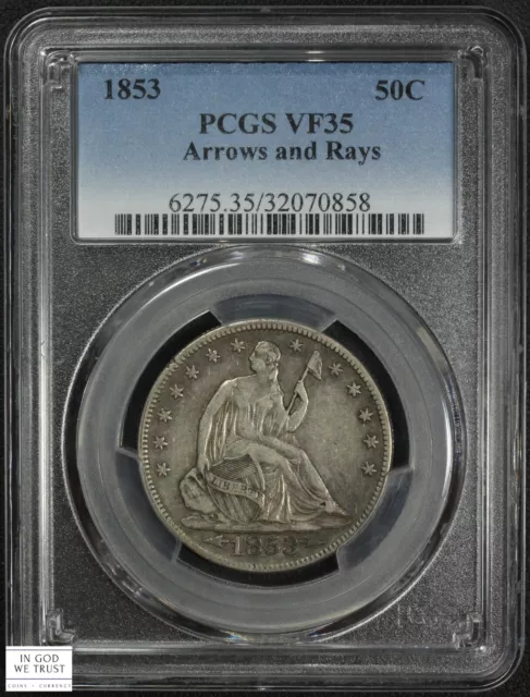 1853 Arrows and Rays Seated Liberty Silver Half Dollar 50C PCGS VF 35
