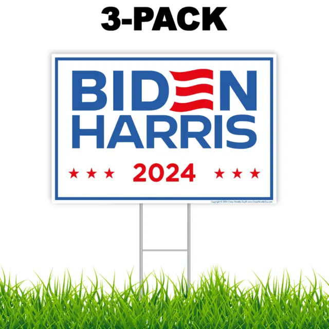 Joe Biden Harris 2024 Yard Sign New Logo 18" x 12" H-Stake (3 Signs Wholesale)