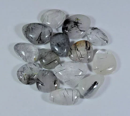 250Cts.Natural Black Rutile Quartz Mix Cabochon Loose Gemstone 14Pcs Lot