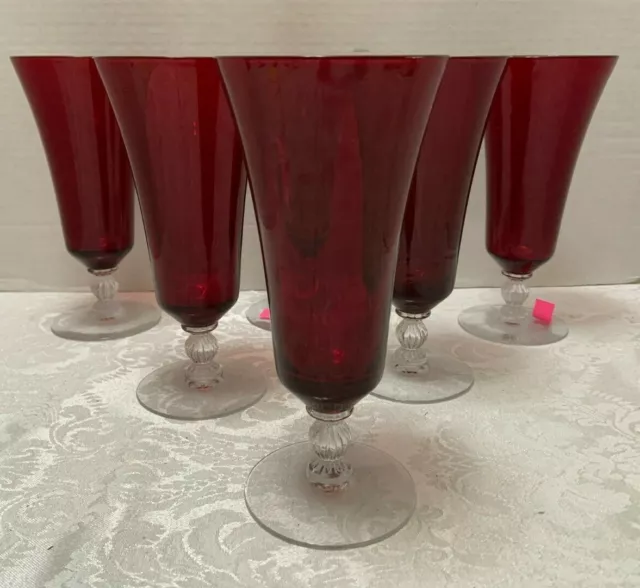 6 Morgantown PARMA RUBY ICED TEA GLASSES Vintage Stem 7625 Ribbed Ball c1931 RED