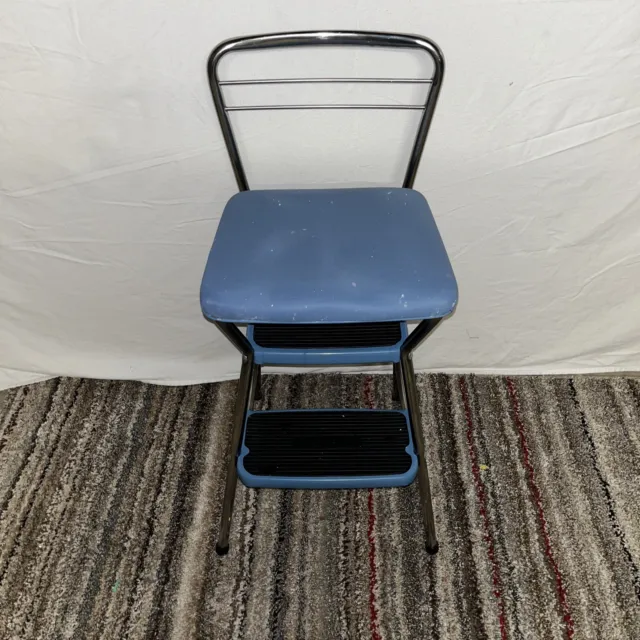 MCM Vintage Cosco Kitchen Step Stool Chair Flip Up Seat Retro Blue