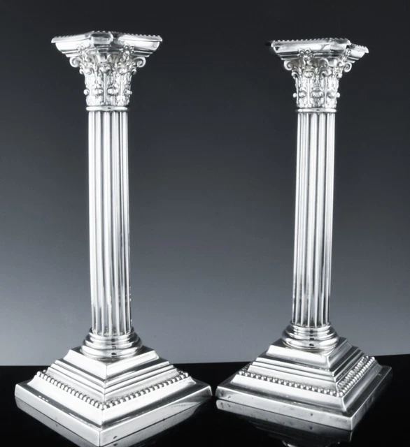 SUPERB PAIR c1910 GORHAM AMERICAN STERLING SILVER CORINTHIAN COLUMN CANDLESTICKS