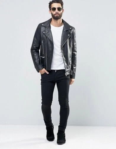 Leather Jacket Men Black Biker Motorcycle Pure Lambskin Cafe racer