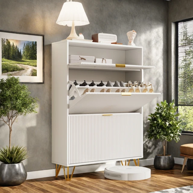 YGHQAP Schuhschrank Weiß 110x24x114.5cm - Schmaler Schuhkipper Mit 2 Klappen Für 14-18 Paar Schuhe