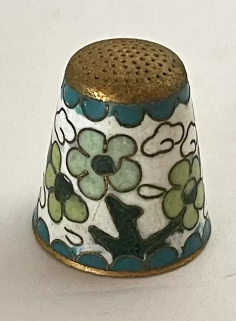 Vtg Cloisonne Brass Thimble Ivory Enamel White w/Green Blue Flowers Blue Inside