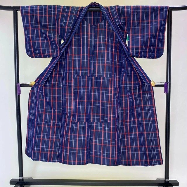 Oshima Tsumugi Japanese Kimono Japanese plaid blue Silk Fashionable G-82