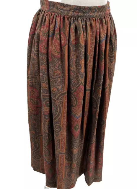 Ralph Lauren Brown Paisley Prairie Skirt Wool Midi Peasant Vtg 80s Womens Size 6