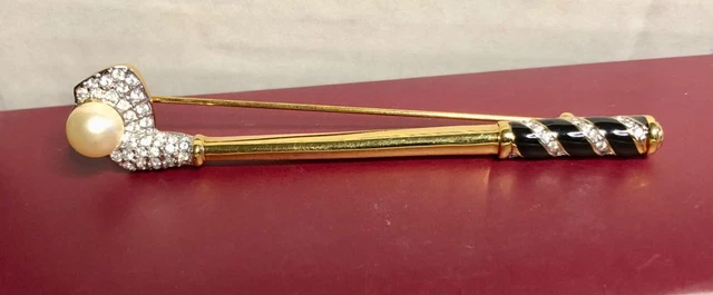 Swarovski Clear Pave' Crystal stones Faux Pearl Golf Club Brooch gold tone Pin