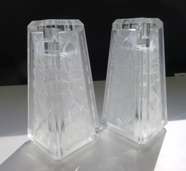 Pair Crystal Candle Holders Or Vases (Lot of 2) Pyramid Satin Floral Design 5.5"