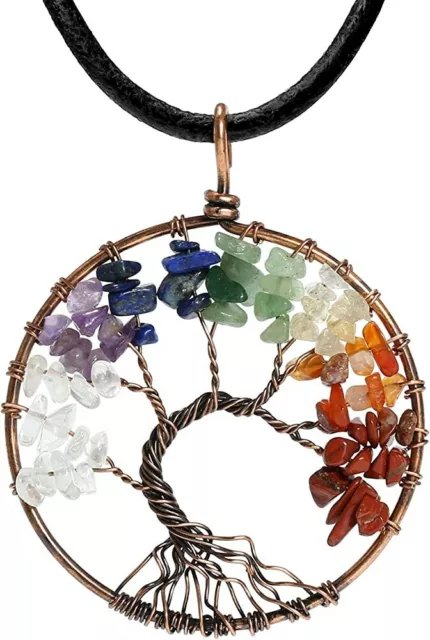 Tree of Life 7 Chakra Healing Crystal Charm Pendant Necklace Natural Gemstone