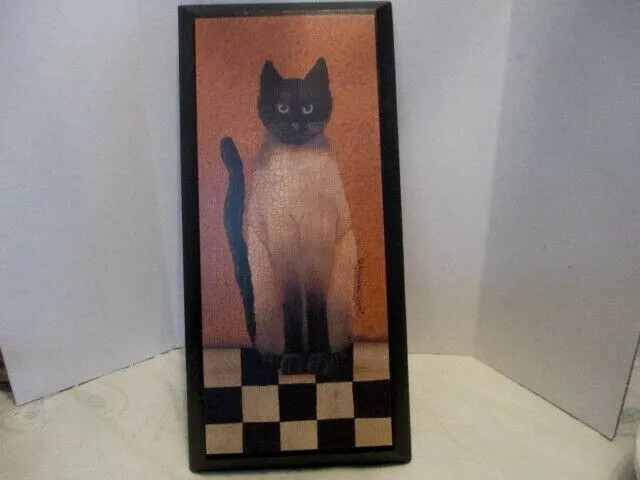 13-1/8" x 6.25" Signed Crackled Antiqued Black/Tan Cat Wood Plaque