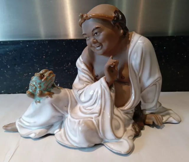 Chinese Shiwan Pottery Mudman Part Glazed Large figurine Budda? with Frog 5.5"
