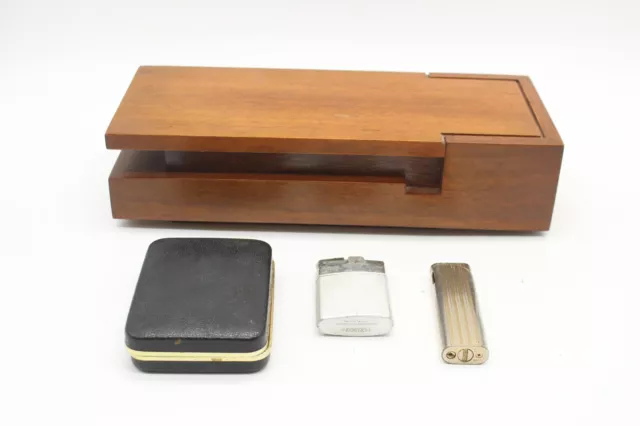 F Vintage Wooden Cigar Box & Lighters inc Ronson, Colibri & Boxed Win Lighter