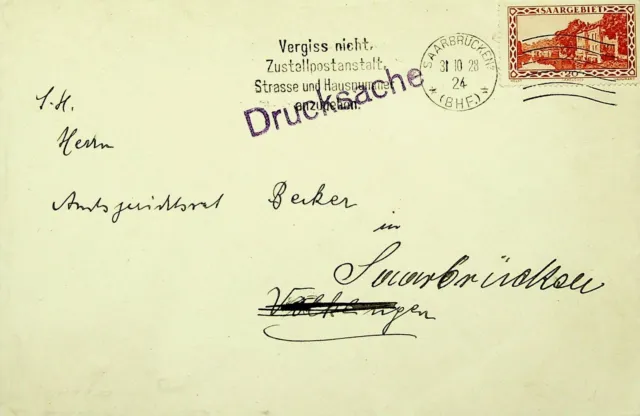 Deutschland Saar 1928 20c Auf Abdeckung Von & Sich Saarbrücken W/Cachet