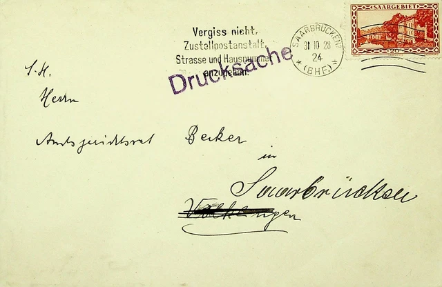 Deutschland Saar 1928 20c Auf Abdeckung Von & Sich Saarbrücken W/Cachet