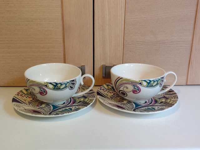 Denby Monsoon Cosmic 2 Large 1/2 pint Tea Cups and Saucers Set First Quality New