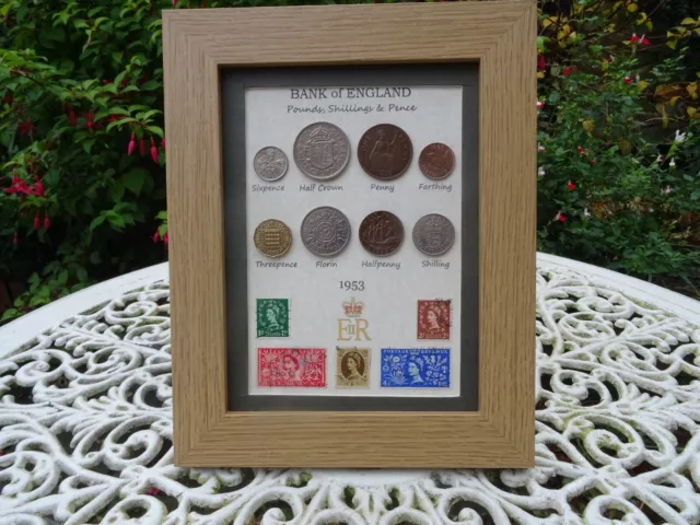 71st Birthday 1953 , 8 coin and Stamps Framed set, unique gift for 2024