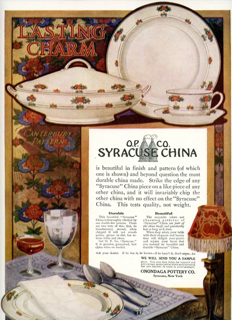 1913 Original Onondaga Pottery Syracuse China Ad. Canterbury.  Big Color Page