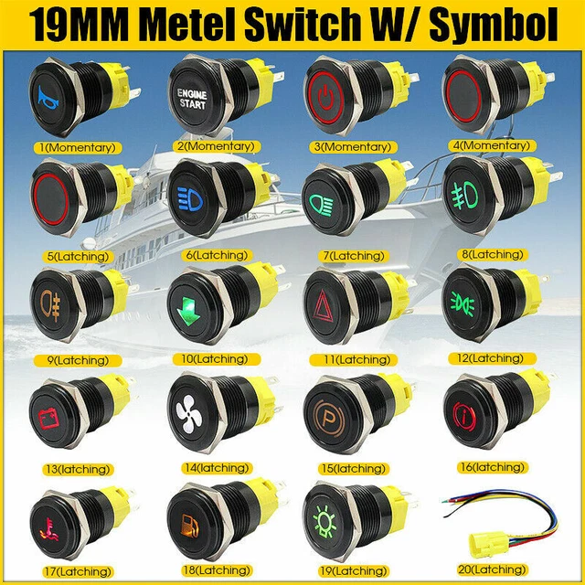 19mm 12V LED Power Symbol ON-OFF Latching Push Button Switch - Metal & Waterproof